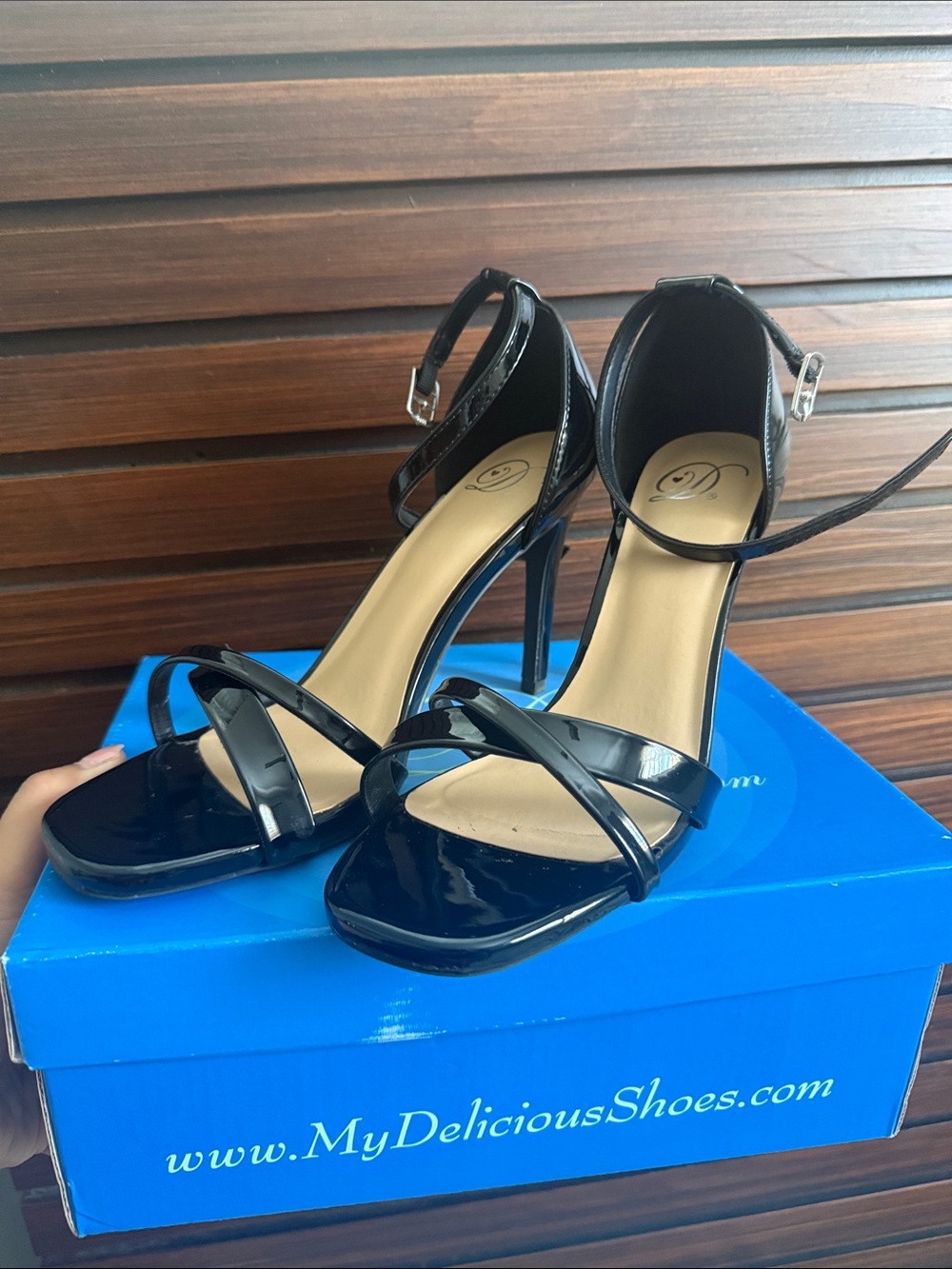 Black Patent Ankle-Strap Stiletto Sandals